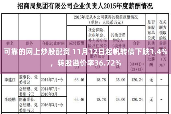 可靠的网上炒股配资 11月12日起帆转债下跌1.4%，转股溢价率36.72%